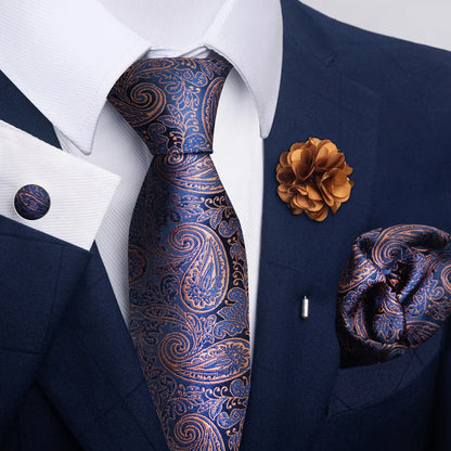 Luxury Men's Floral Tie Set - Black Gold Paisley Necktie with Pocket Square, Cufflinks & Brooch - BOC-WEAR