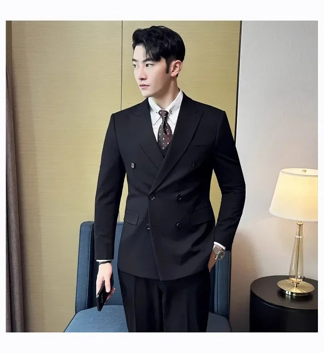 Men's Slim Fit Business Suit Set - Double Breasted Wedding Groom Suit with Pants | British Style - BOC-WEAR