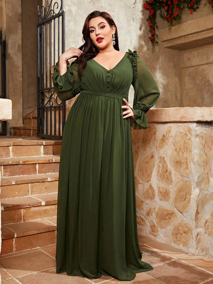 Mgiacy plus size V-neck retraction Lantern sleeve chiffon full skirt Evening gown Ball dress Party dress Bridesmaid dress