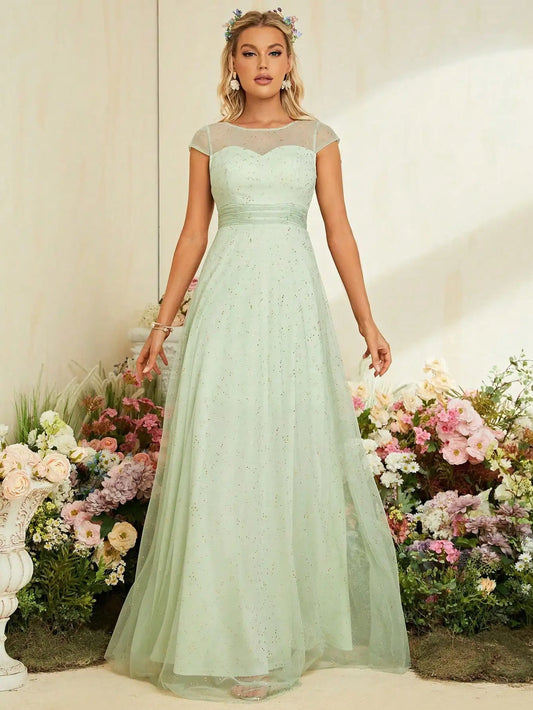 Mgiacy round neck short sleeve gold mesh full skirt Evening gown Ball dress Party dress