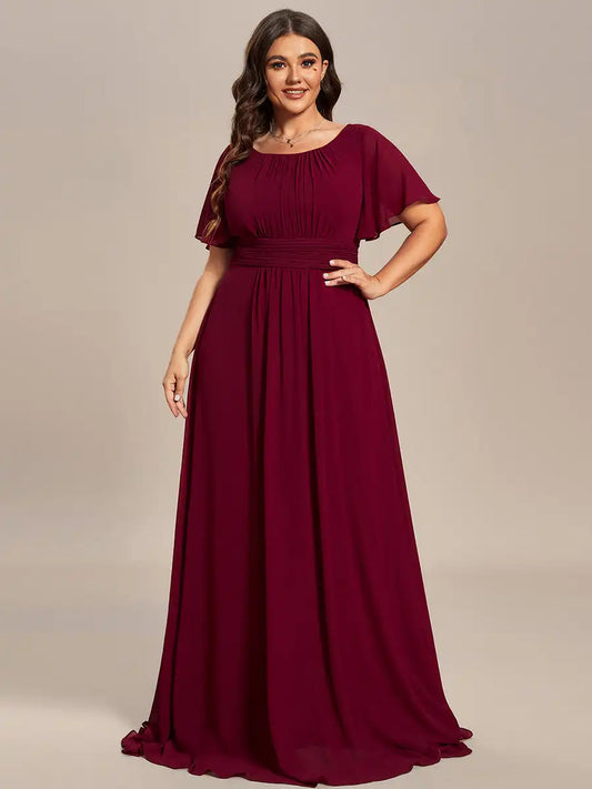 Plus Size Evening Dresses Round Neck Pleated Floor-Length Short sleeve 2025 Ever Pretty of Chiffon Burgundy Bridesmaid dress