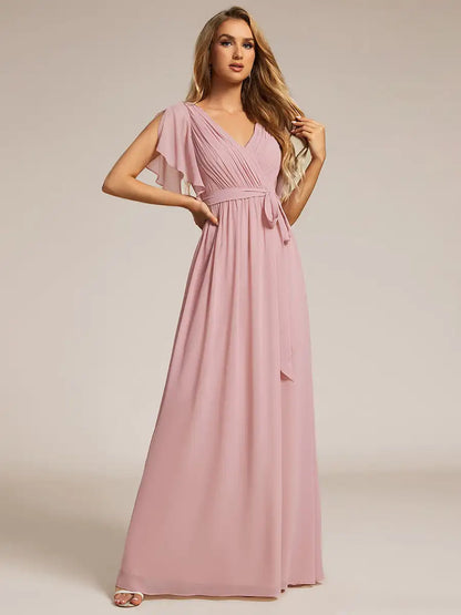 Elegant Evening dresses Deep V Neck Ruffles Sleeves Floor-Length Gown 2025 Ever pretty of Chiffon Dusty Rose Prom Women Dress