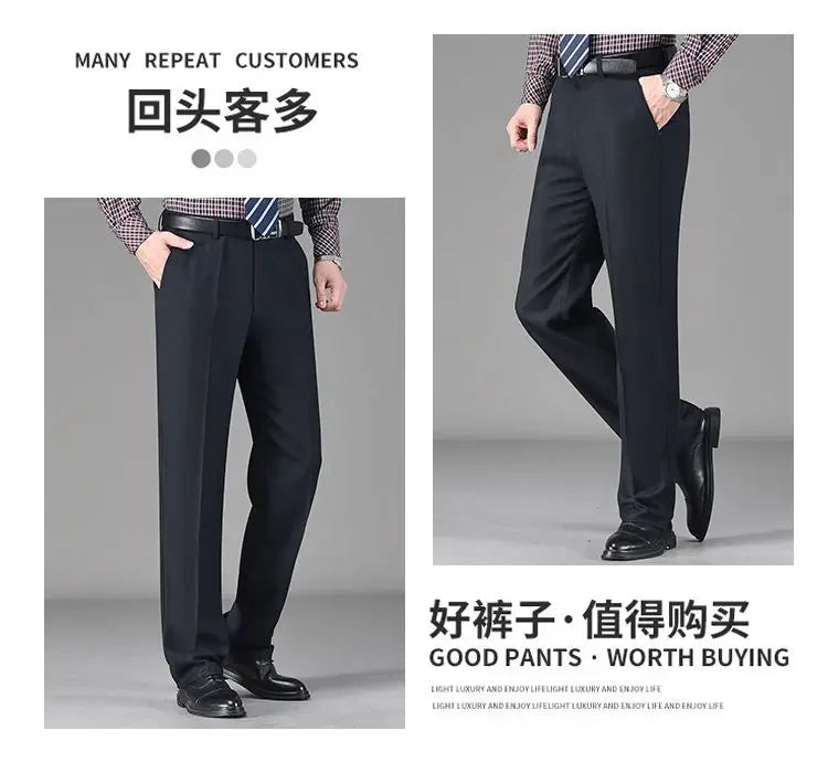 Vintage Autumn Winter Thicken Wool Fleece Suit Pants Men Middle Age High Waist Straight Loose Business Casual Straight Trousers