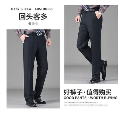 Vintage Autumn Winter Thicken Wool Fleece Suit Pants Men Middle Age High Waist Straight Loose Business Casual Straight Trousers