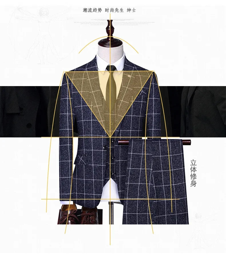 Suit Fashion Business Casual Gentleman Men's Italian Style Elegant Plaid Slim-Fit Formal 3-Piece Suit