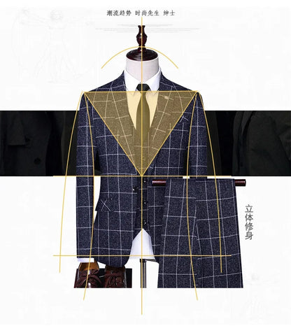 Suit Fashion Business Casual Gentleman Men's Italian Style Elegant Plaid Slim-Fit Formal 3-Piece Suit