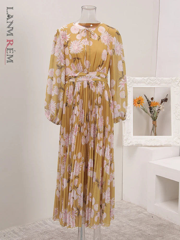 BOC-WEAR LANMREM Pleated Long Dress - Floral Print Lace-Up Dress for Church - BOC-WEAR