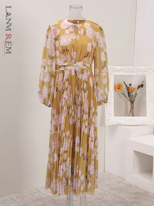 BOC-WEAR LANMREM Pleated Long Dress - Floral Print Lace-Up Dress for Church - BOC-WEAR