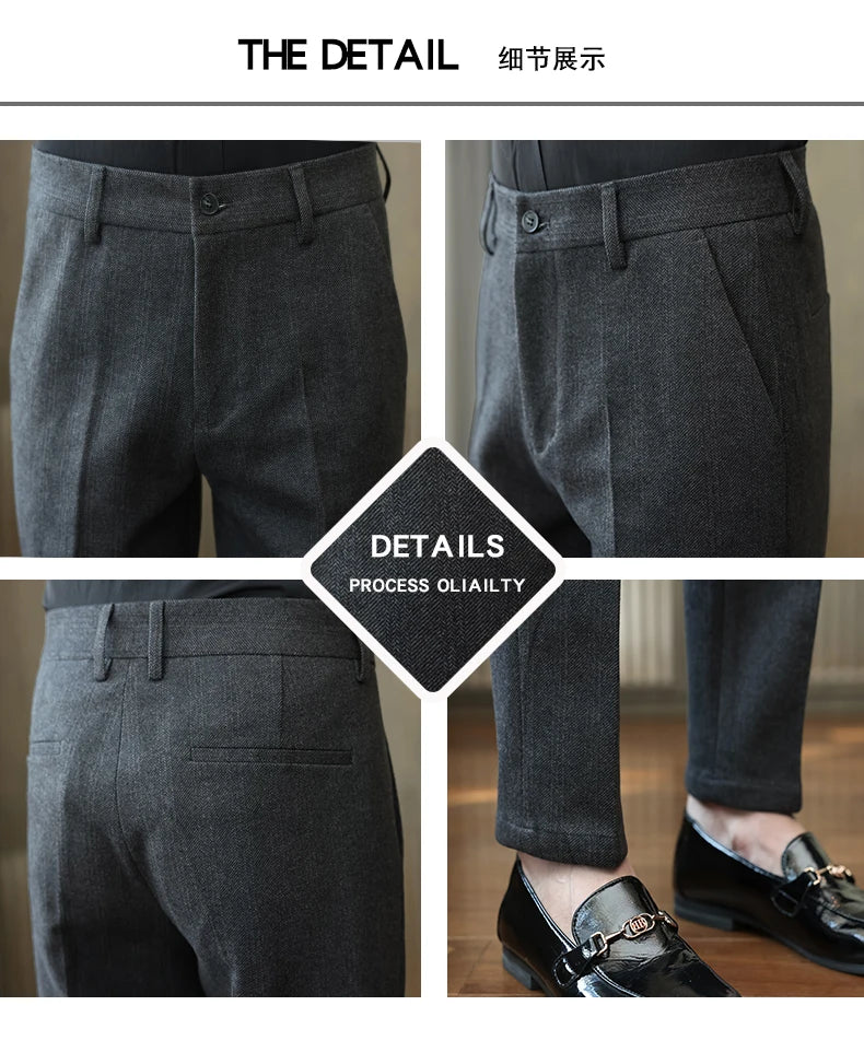 Autumn Winter New Woolen Suit Pants High Quality Striped Slim Fit Dress Pants Men's Formal Business Office Social Trousers
