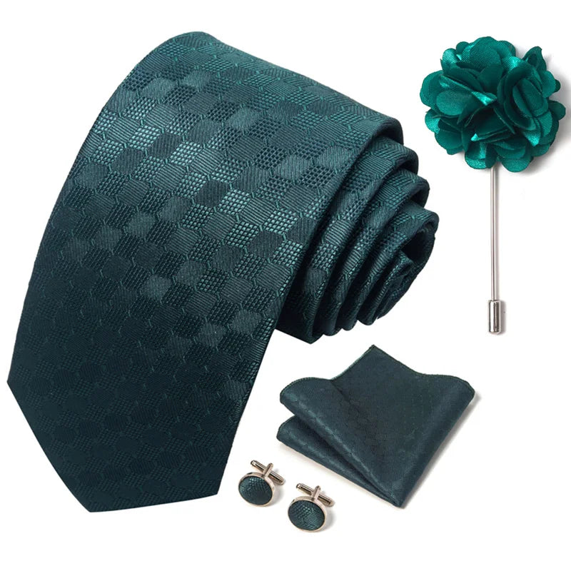 Luxury Men's Floral Tie Set - Black Gold Paisley Necktie with Pocket Square, Cufflinks & Brooch - BOC-WEAR
