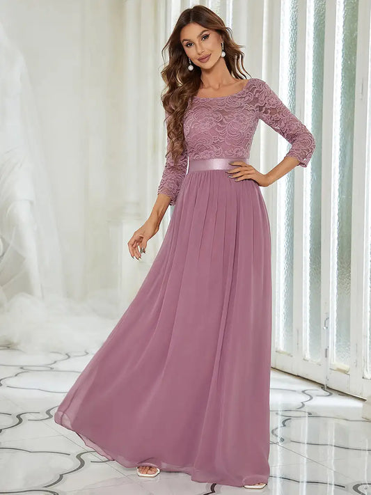 Classic Evening Dresses O-Neck Long Lace Sleeve Empire Waist Floor-Length Backless 2025 Ever Pretty of Orchid Bridesmaid dress