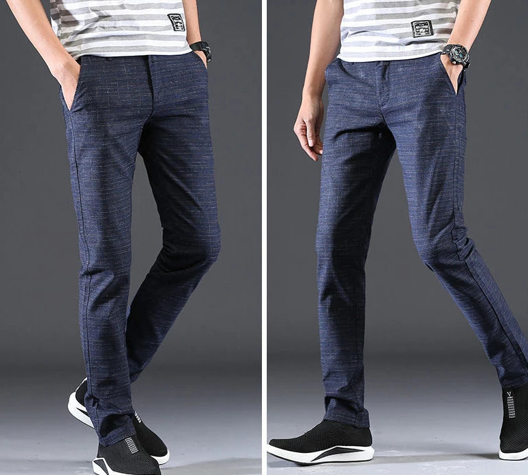 Male Suit Trousers Gray Plaid Check Straight Cheap Clothing Premium Men's Summer Pants Thin Casual Classic Slacks Dress Up