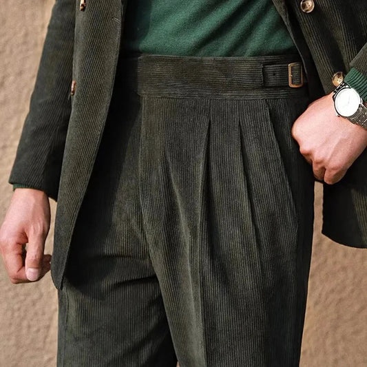Mens Gurkha Trousers Corduroy Side Buckle Adjustable Waist Casual Suit Pants Autumn Business All-Match Straight Pants Men'S Wear