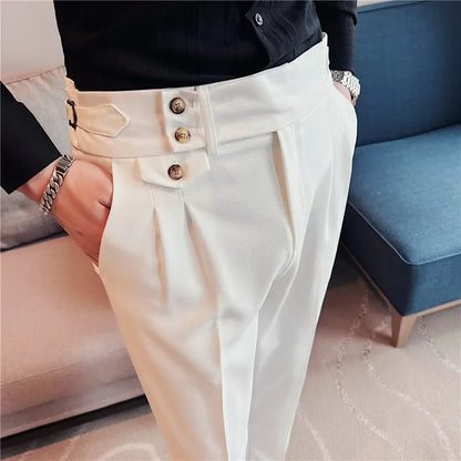 2025 Spring Autumn Men High Waist Belt Design Casual Slim Formal Dress Pant Men Social Office Wedding Party Dress Suit Pants