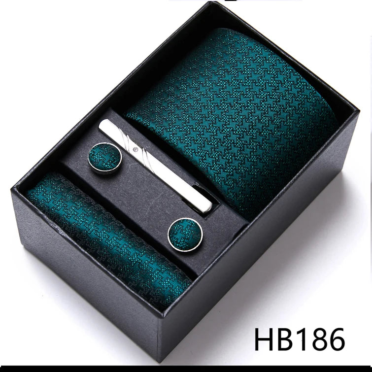 Top Grade Holiday Gift Box 7.5 cm Green Print Tie Pocket Squares Cufflink Set Gravatas Man Suit Accessories Fit Formal Party - BOC-WEAR