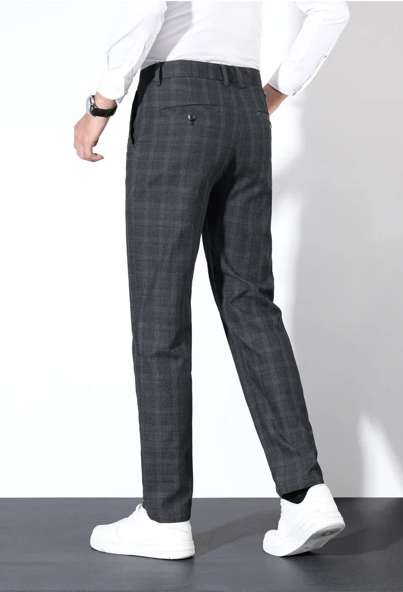 Autumn Winter Men's Plaid Striped Suit Pants Cotton Stretch Straight Business Casual High Quality Classic Fashion Trousers Male