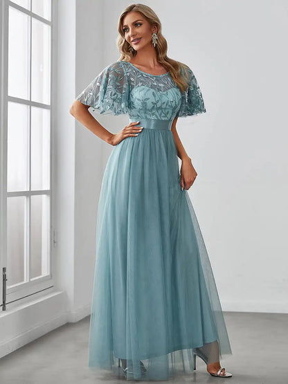 Round Neck Ruffle Sleeve Evening Gown