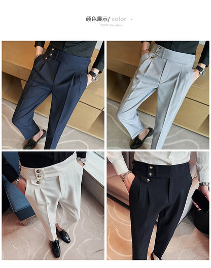 2025 Spring Autumn Men High Waist Belt Design Casual Slim Formal Dress Pant Men Social Office Wedding Party Dress Suit Pants