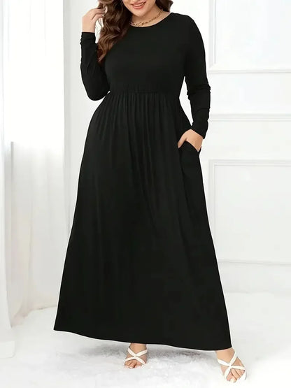 Plus Size Plus Size Solid Color Dress Casual Waist Cinched Long Sleeve round Neck Long Dress Comfortable Fashion Women's Clot... - BOC-WEAR