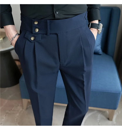2025 Spring Autumn Men High Waist Belt Design Casual Slim Formal Dress Pant Men Social Office Wedding Party Dress Suit Pants