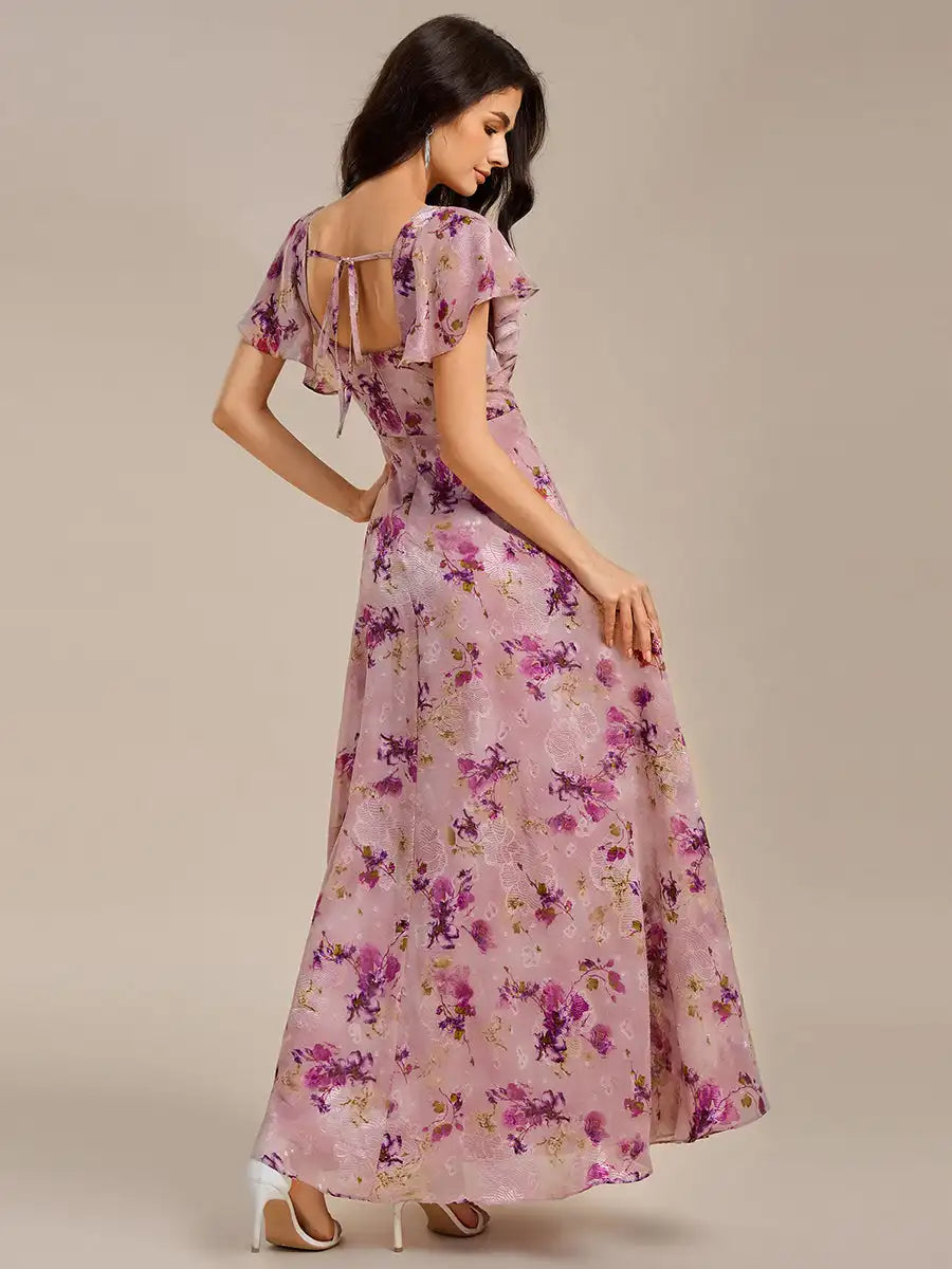 Elegant Evening Dress Short Sleeve Ruffle Backless Floor Length 2025 Ever Pretty of A-Line Light purple printFormal Dresses