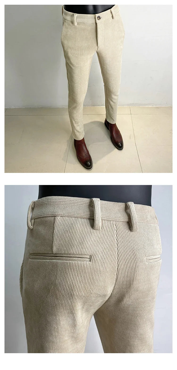 Autumn Winter Thickened Woolen Suit Pant High Quality Men Business Slim Striped Trousers Formal Wear Office Social Dress Pants