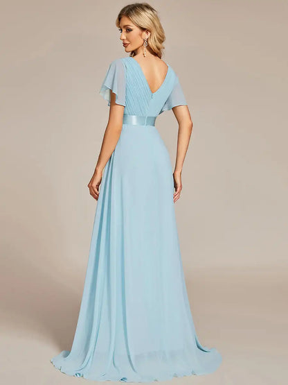Double V-Neck Ruffled Evening Dress