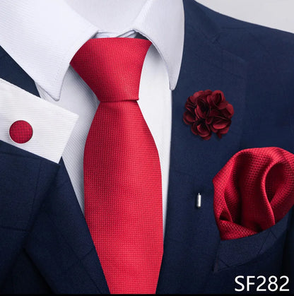 Luxury Men's Floral Tie Set - Black Gold Paisley Necktie with Pocket Square, Cufflinks & Brooch - BOC-WEAR