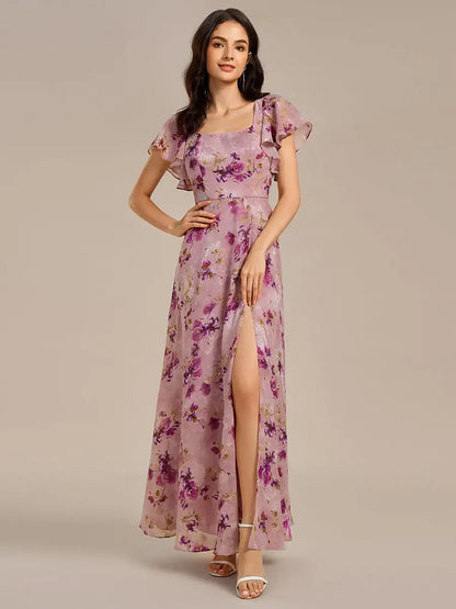 Elegant Evening Dress Short Sleeve Ruffle Backless Floor Length 2025 Ever Pretty of A-Line Light purple printFormal Dresses