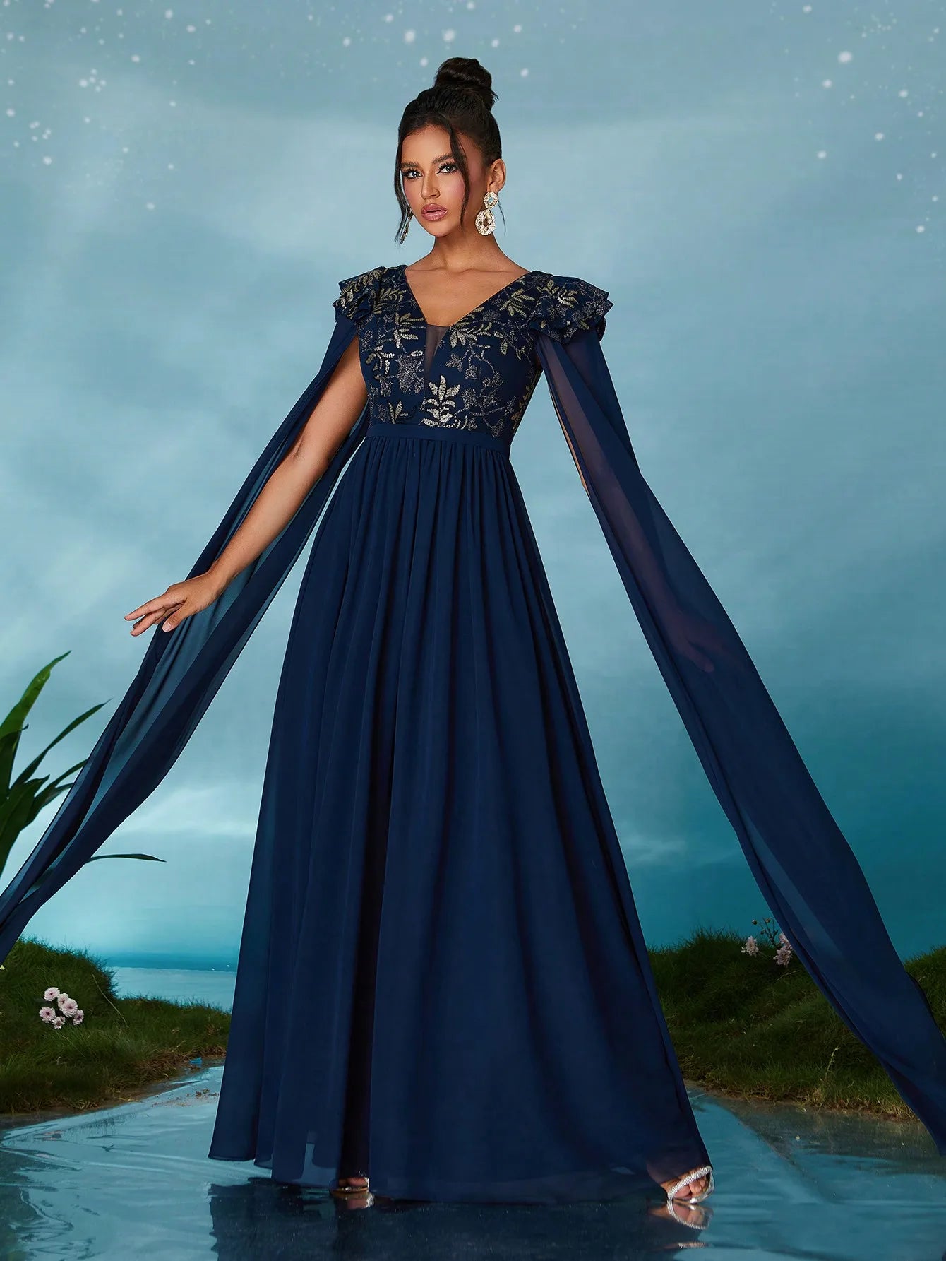 High-end evening dress with V-neck embroidered sequins, lotus leaf pearl chiffon and flappable sleeves