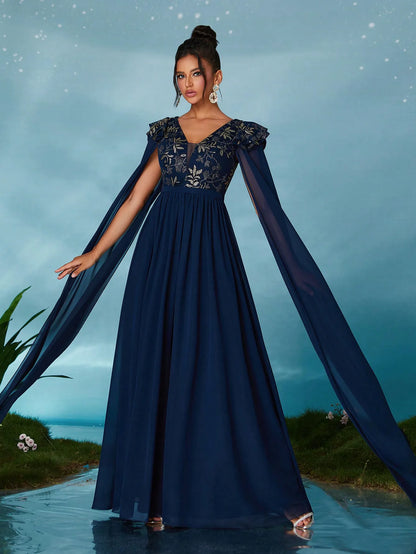 High-end evening dress with V-neck embroidered sequins, lotus leaf pearl chiffon and flappable sleeves