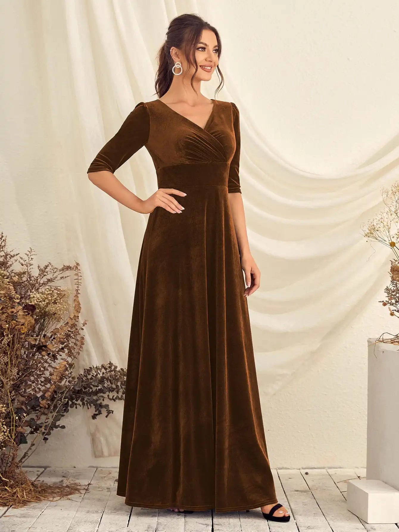 Mgiacy V-neck half-sleeve woven plush cross-ruffled evening ball dress Party dress Bridesmaid dress