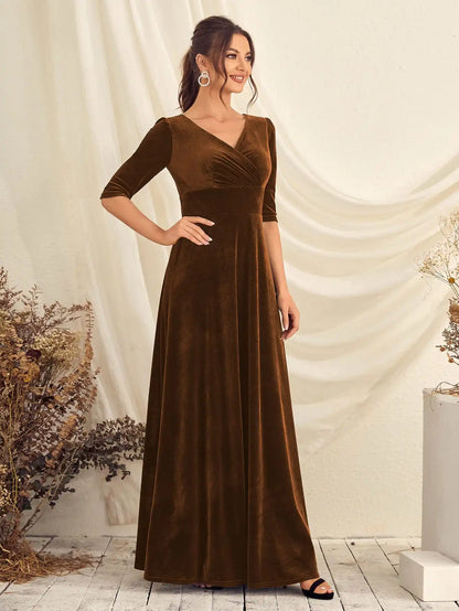Mgiacy V-neck half-sleeve woven plush cross-ruffled evening ball dress Party dress Bridesmaid dress