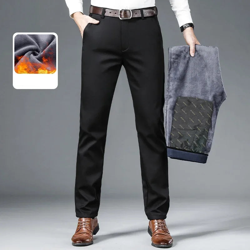 Men's autumn/winter fashionable business casual pants, elastic slim fit warm and plush suit pants, work clothes