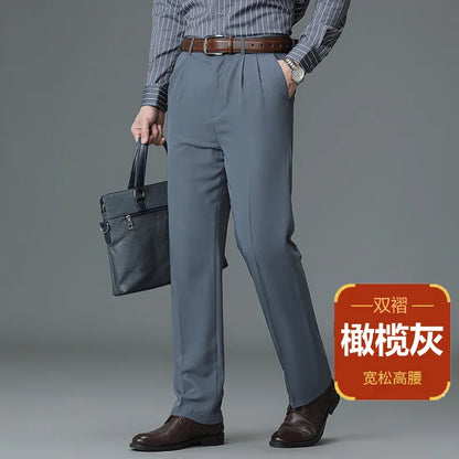 High Waist Suit Pants Men Autumn Thicken Double Pleated Straight Loose Formal Men Trousers High Quality Black Size 29-42 44 46