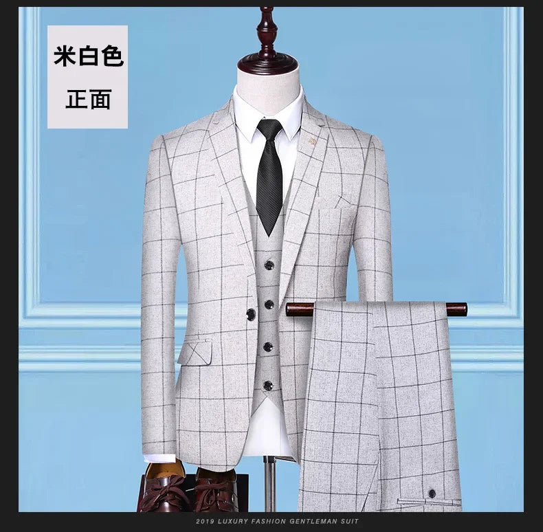 Suit Fashion Business Casual Gentleman Men's Italian Style Elegant Plaid Slim-Fit Formal 3-Piece Suit