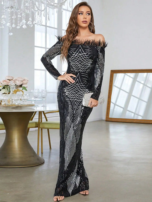 MGIACY  One collar ostrich feather shiny piece long sleeved fish tail wrap dress