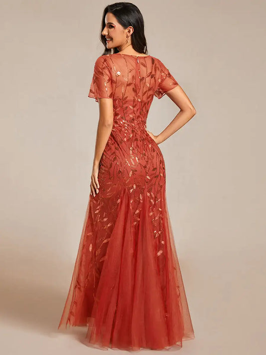 Gorgeous Evening Dresses O-Neck High Slit Sequin Floor-Length Short sleeve 2025 Ever Pretty of Burnt Orange Bridesmaid dress