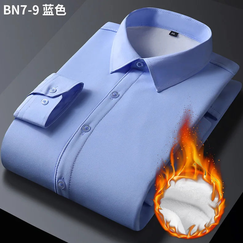 2025 Men's Autumn Winter Long Sleeve Shirts White Warm Fleece Stretch Shirt Formal Business Office Wear Dress Shirts Male M-5XL - BOC-WEAR
