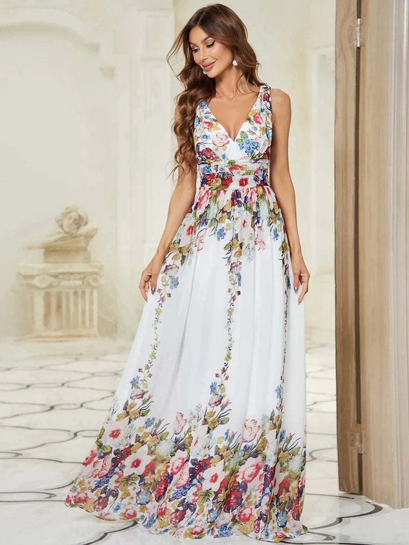 Double V-Neck Chiffon Maxi Prom Dress