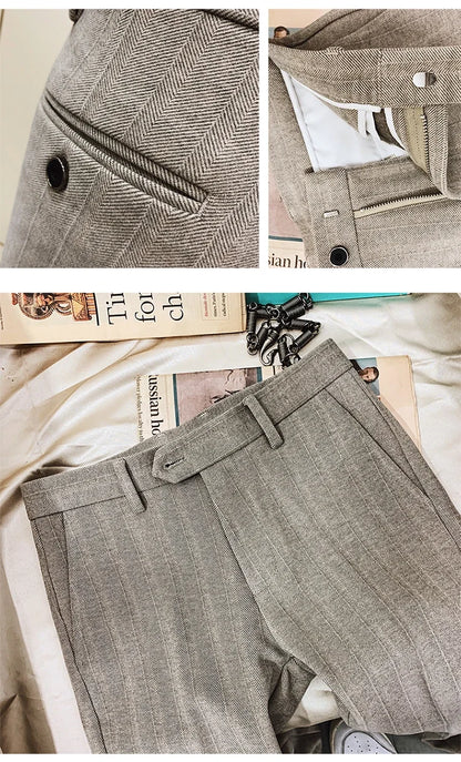 Autumn Winter Thickened Woolen Suit Pant High Quality Men Business Slim Striped Trousers Formal Wear Office Social Dress Pants