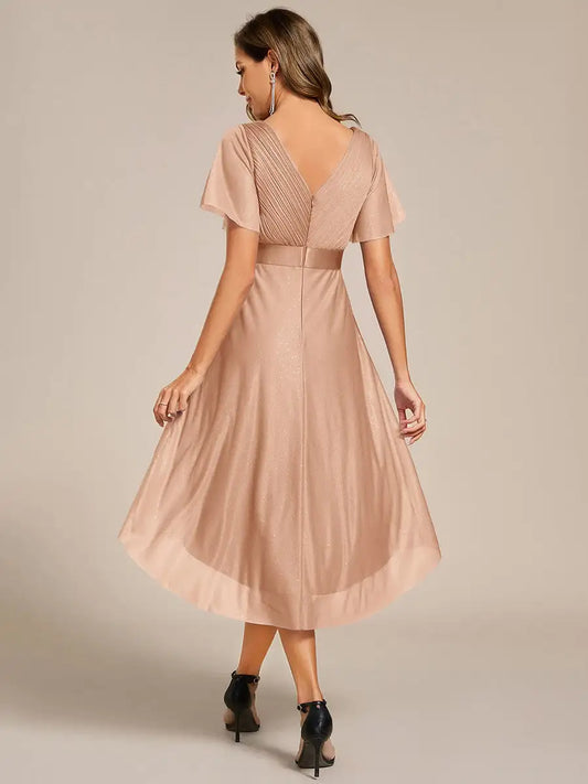Elegant Ruffles Sleeve Pleated Wedding Guest Shimmer Dresseswith Asymmetrical Hem