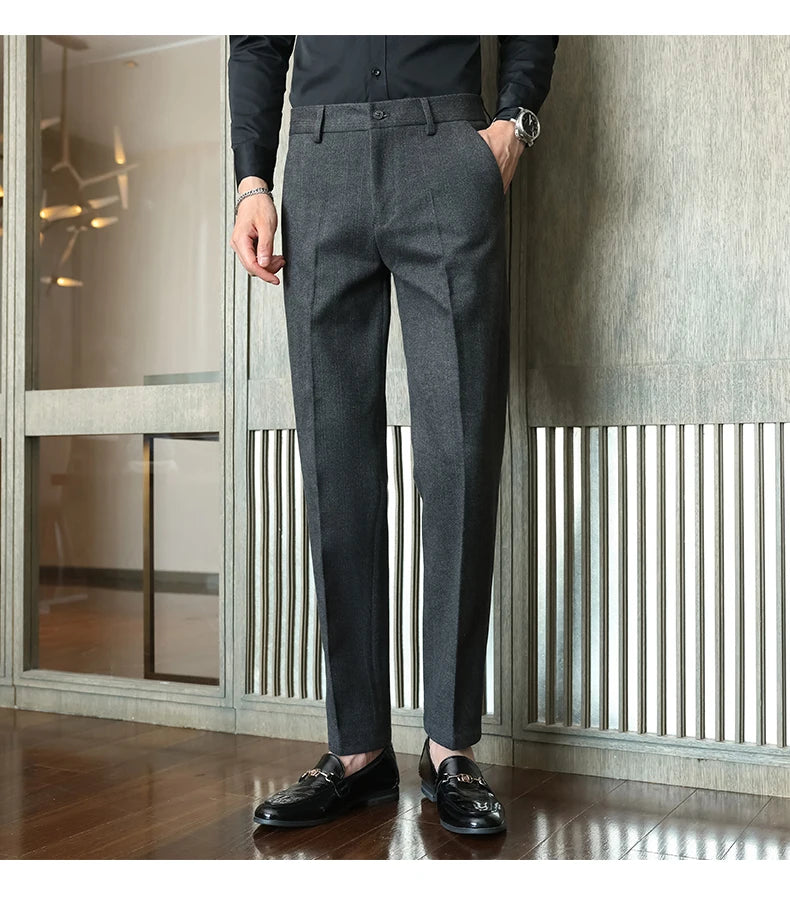 Autumn Winter New Woolen Suit Pants High Quality Striped Slim Fit Dress Pants Men's Formal Business Office Social Trousers