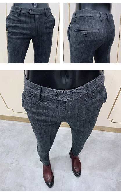 Autumn Winter Thickened Woolen Suit Pant High Quality Men Business Slim Striped Trousers Formal Wear Office Social Dress Pants