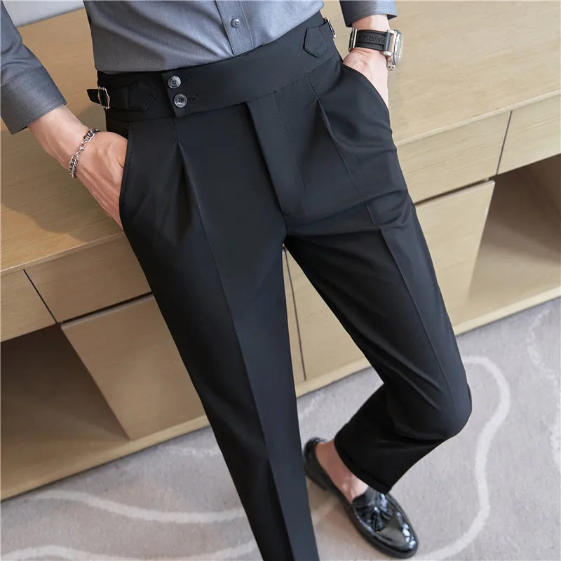 2025 Spring Autumn Men High Waist Belt Design Casual Slim Formal Dress Pant Men Social Office Wedding Party Dress Suit Pants