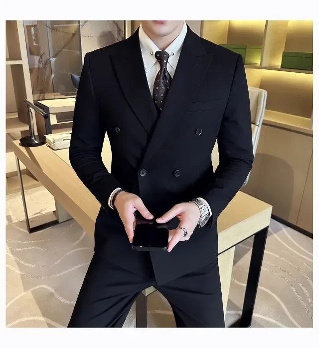 Men's Slim Fit Business Suit Set - Double Breasted Wedding Groom Suit with Pants | British Style - BOC-WEAR