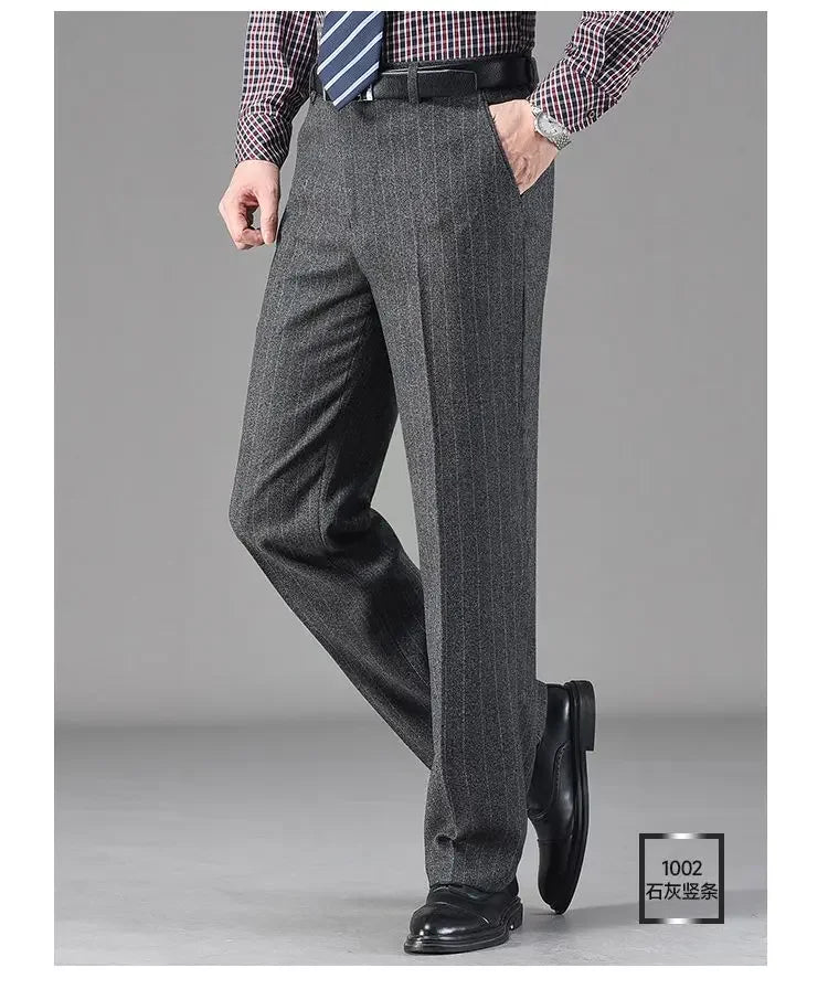 Vintage Autumn Winter Thicken Wool Fleece Suit Pants Men Middle Age High Waist Straight Loose Business Casual Straight Trousers