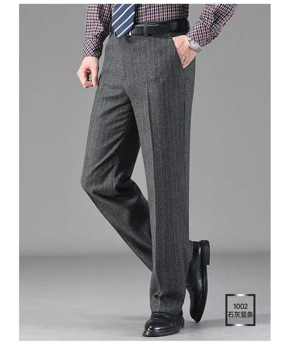 Vintage Autumn Winter Thicken Wool Fleece Suit Pants Men Middle Age High Waist Straight Loose Business Casual Straight Trousers