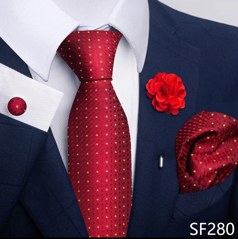 Luxury Men's Floral Tie Set - Black Gold Paisley Necktie with Pocket Square, Cufflinks & Brooch - BOC-WEAR