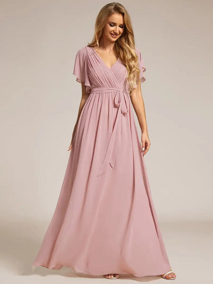 Elegant Evening dresses Deep V Neck Ruffles Sleeves Floor-Length Gown 2025 Ever pretty of Chiffon Dusty Rose Prom Women Dress